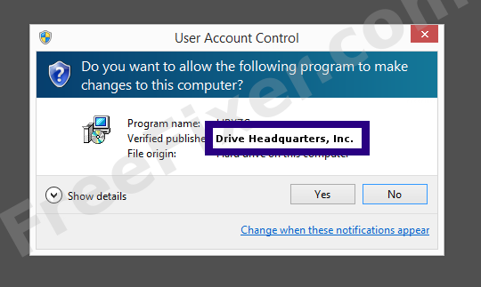 Screenshot where Drive Headquarters, Inc. appears as the verified publisher in the UAC dialog